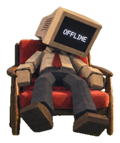 Offline Agent, a blocky office worker with a CRT monitor for a head reading OFFLINE, slumped in a red armchair
