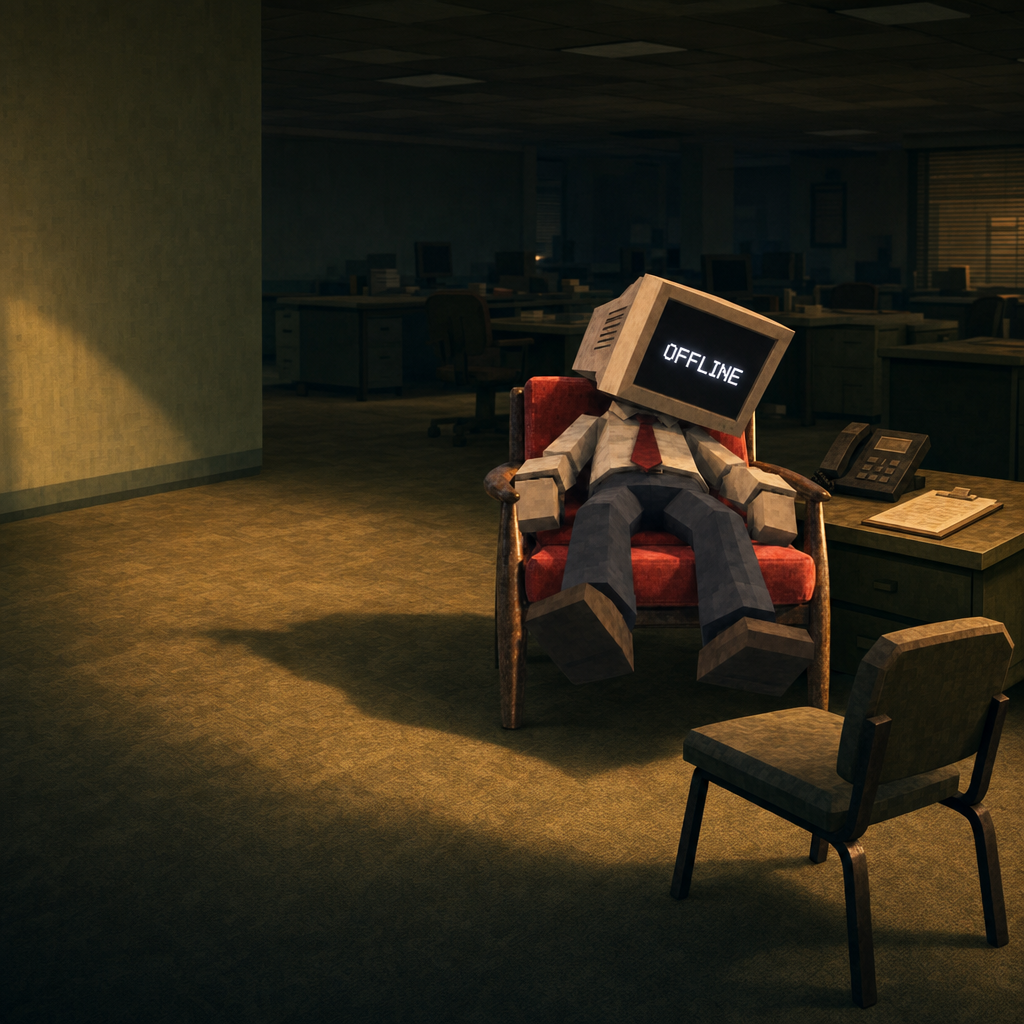 Offline Agent slumped in his red armchair in a dark, empty office beside a desk phone and an empty chair